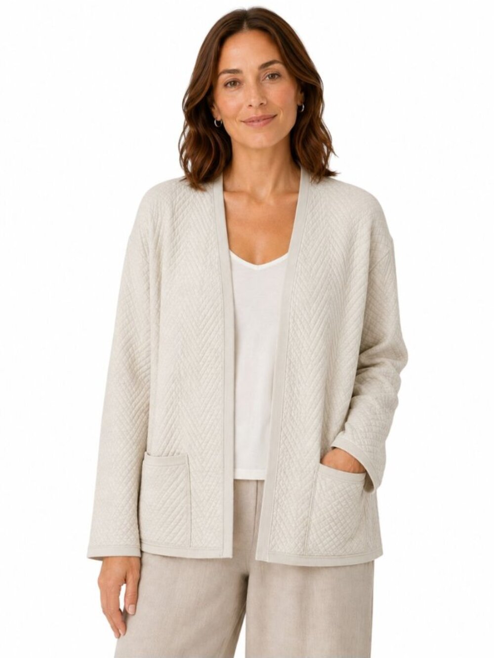 Eileen Fisher System Silk Blend Open Front Quilted Cardigan Cream Modern Size XL